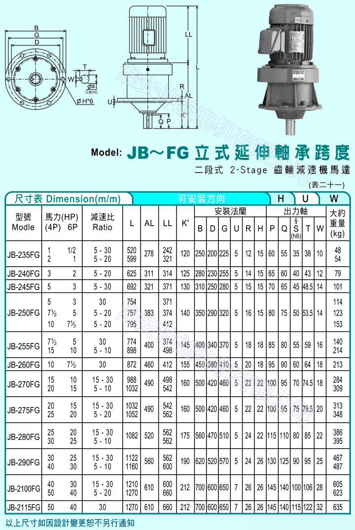 台灣減速機-麻豆短视频app看污強力型減速機 JB-FG立式延伸軸承跨度（二段式2-Stage麻豆国产视频)
